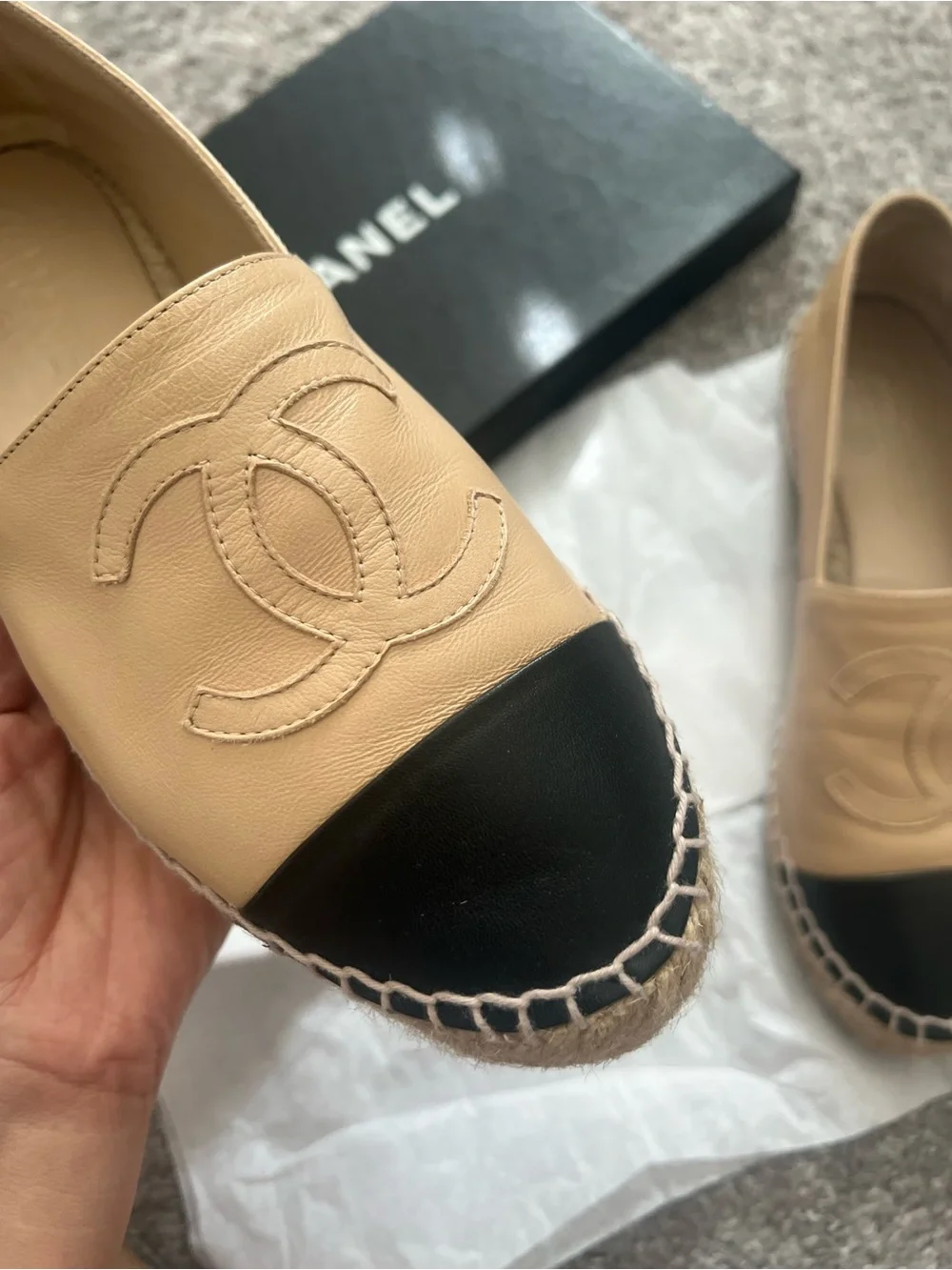 CHANEL Women's Beige and Black Leather Espadrille Flats